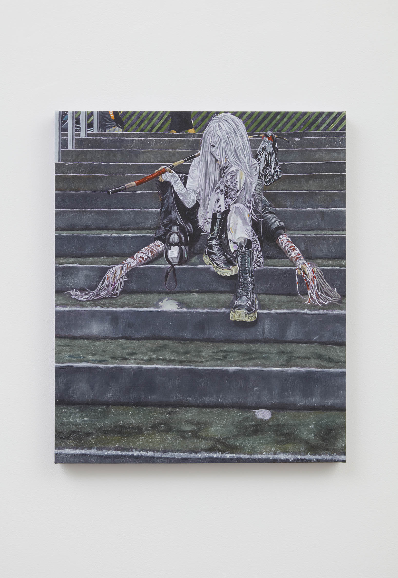 Chiki, <i>Scene I (staircase and bindle)</i>, 2025. Oil and egg tempera on linen, 23 5/8 x 19 3/4 in (60 x 50 cm)